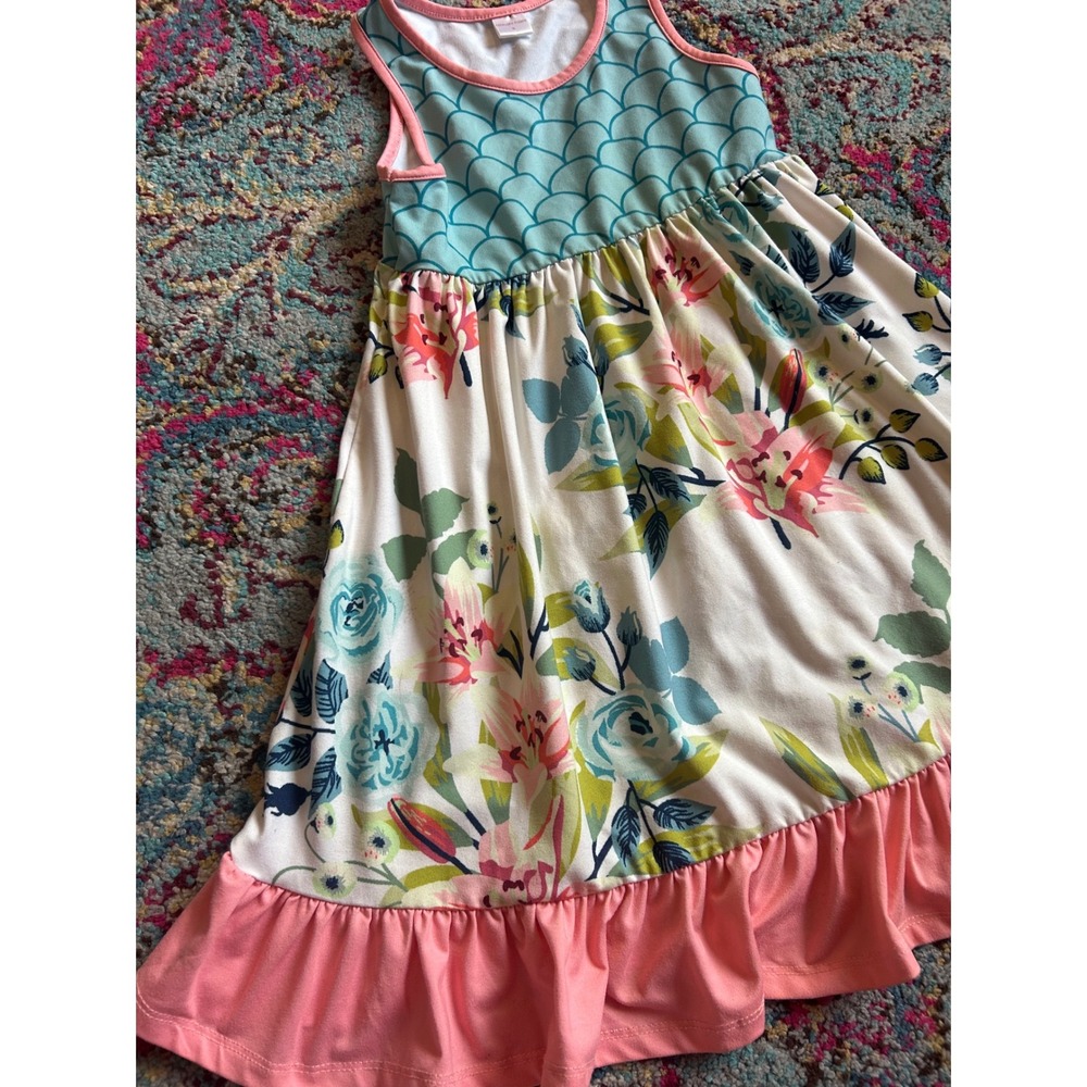Penelope Plumm Dress Blue Pink Floral Mermaid Scale Ruffle Hem Summer‎ Girl 5